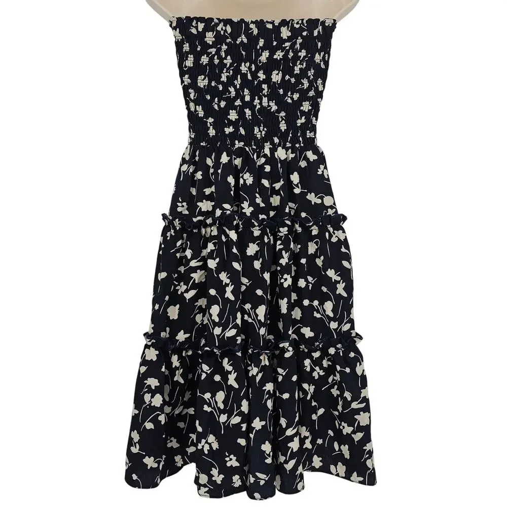 Lulu's Womans size XS Strapless Smocked Floral Tiered Mini Dress Navy Blue/Tan